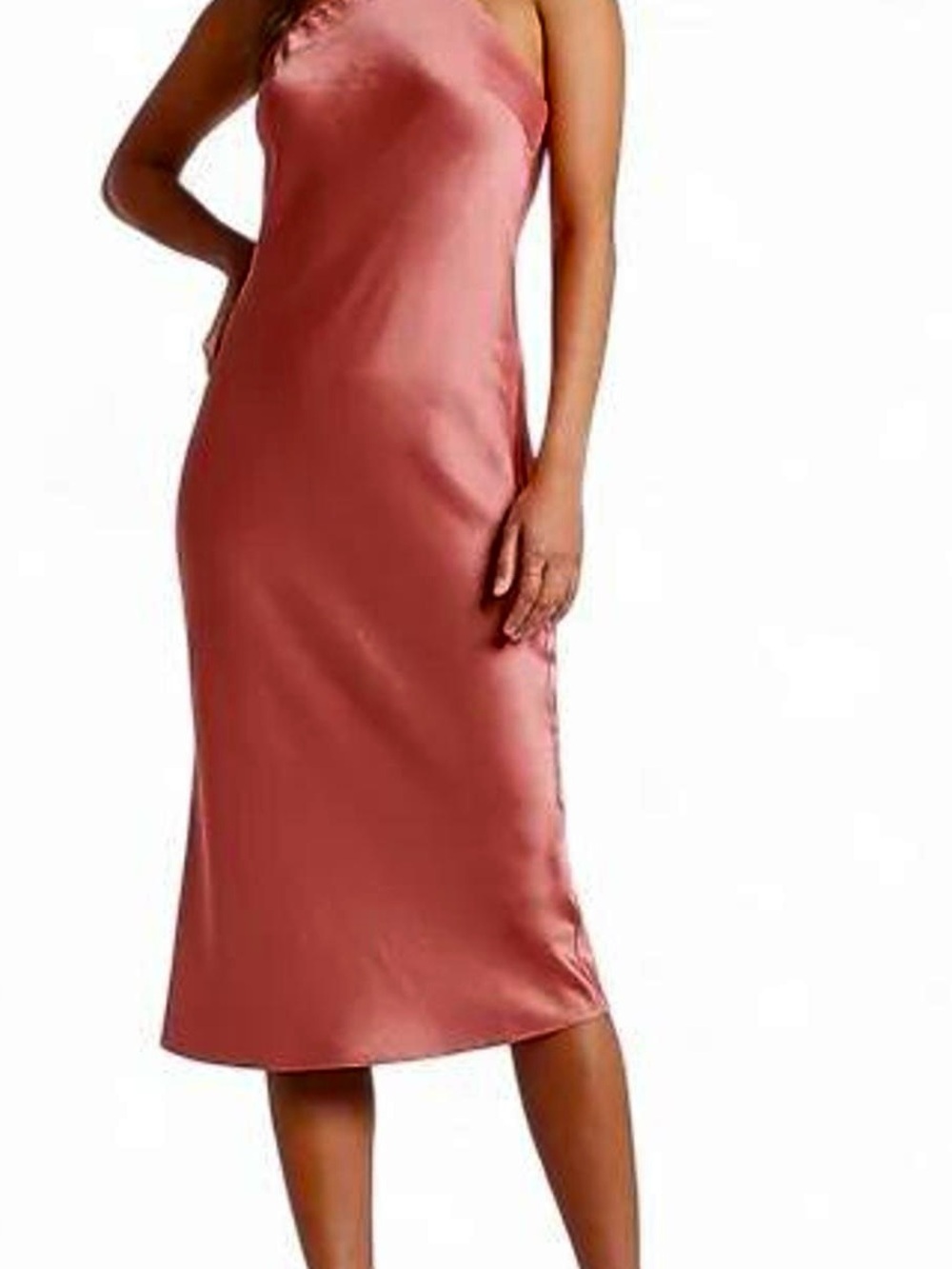 NWT Express Rose Coral Satin One-Shoulder Midi Dress